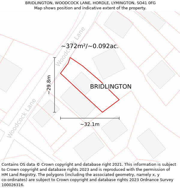 BRIDLINGTON, WOODCOCK LANE, HORDLE, LYMINGTON, SO41 0FG: Plot and title map