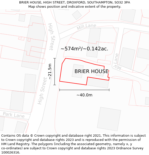 BRIER HOUSE, HIGH STREET, DROXFORD, SOUTHAMPTON, SO32 3PA: Plot and title map