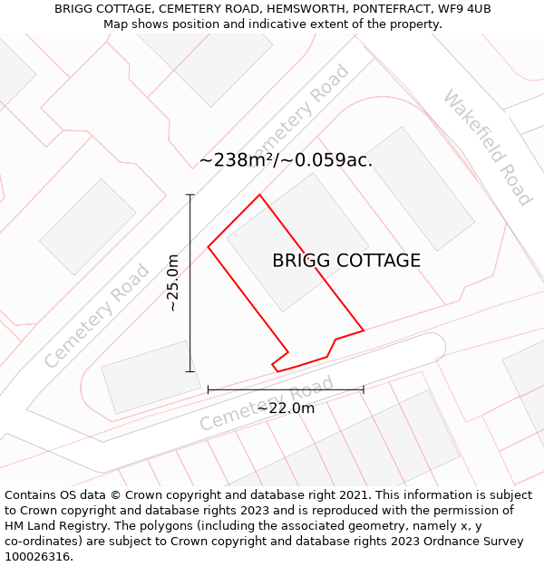 BRIGG COTTAGE, CEMETERY ROAD, HEMSWORTH, PONTEFRACT, WF9 4UB: Plot and title map