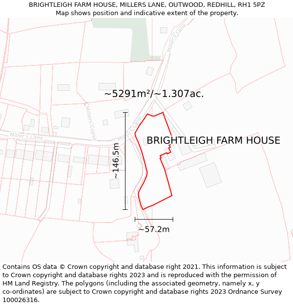 BRIGHTLEIGH FARM HOUSE, MILLERS LANE, OUTWOOD, REDHILL, RH1 5PZ: Plot and title map