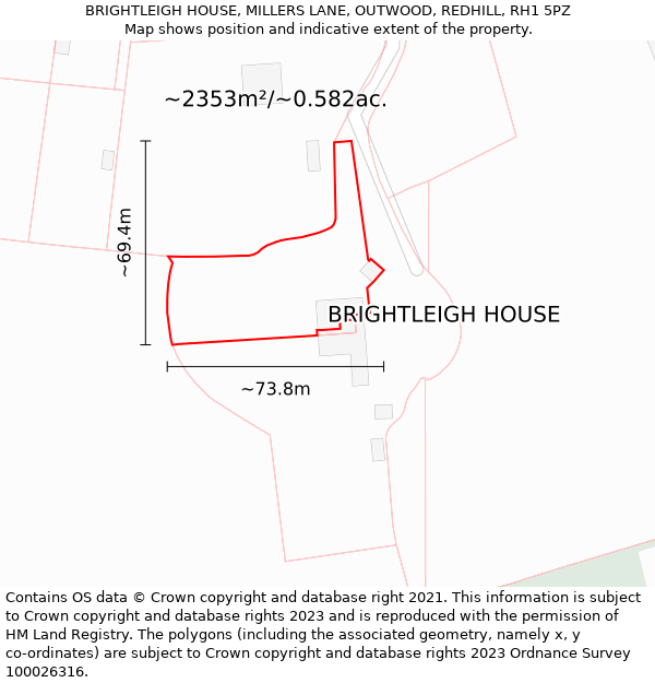 BRIGHTLEIGH HOUSE, MILLERS LANE, OUTWOOD, REDHILL, RH1 5PZ: Plot and title map