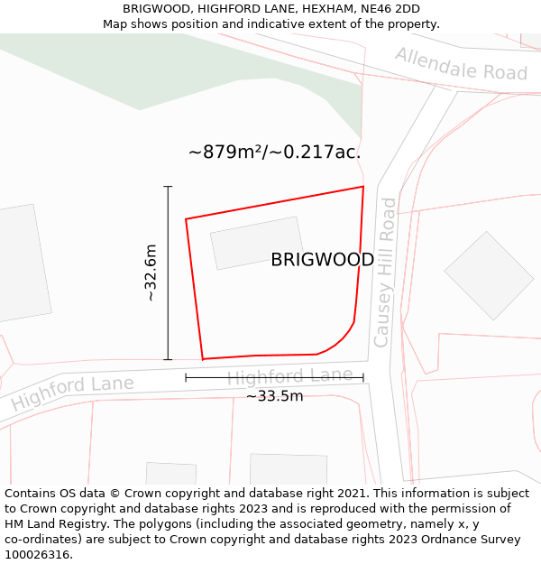BRIGWOOD, HIGHFORD LANE, HEXHAM, NE46 2DD: Plot and title map