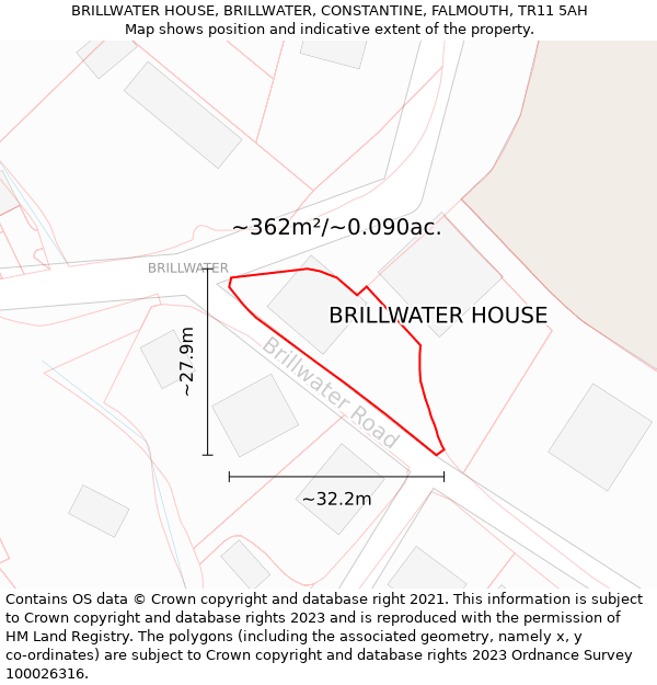 BRILLWATER HOUSE, BRILLWATER, CONSTANTINE, FALMOUTH, TR11 5AH: Plot and title map