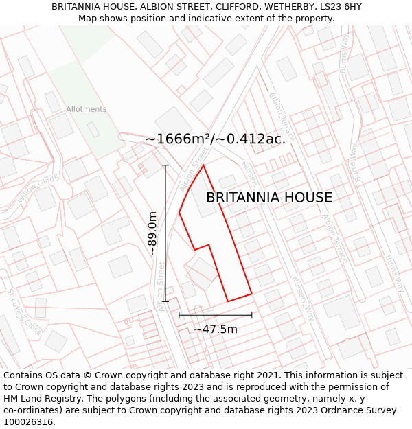 BRITANNIA HOUSE, ALBION STREET, CLIFFORD, WETHERBY, LS23 6HY: Plot and title map