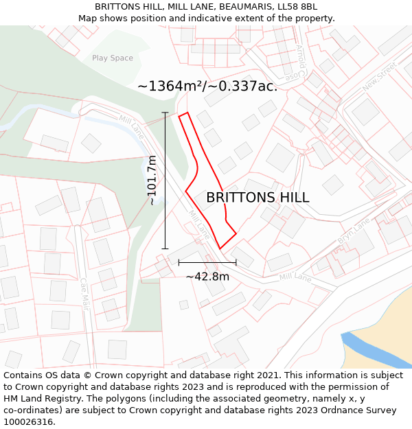 BRITTONS HILL, MILL LANE, BEAUMARIS, LL58 8BL: Plot and title map