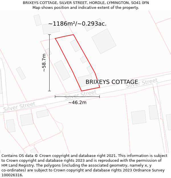 BRIXEYS COTTAGE, SILVER STREET, HORDLE, LYMINGTON, SO41 0FN: Plot and title map