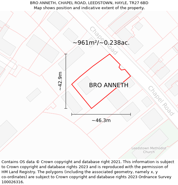 BRO ANNETH, CHAPEL ROAD, LEEDSTOWN, HAYLE, TR27 6BD: Plot and title map