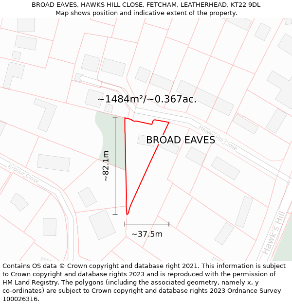 BROAD EAVES, HAWKS HILL CLOSE, FETCHAM, LEATHERHEAD, KT22 9DL: Plot and title map