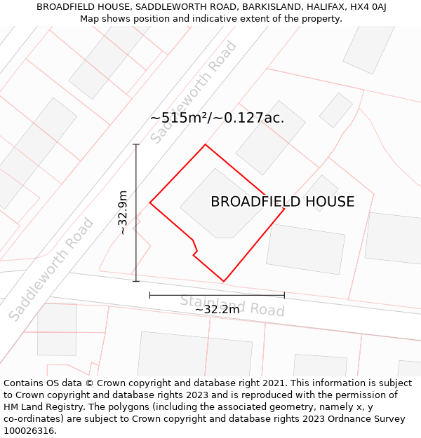 BROADFIELD HOUSE, SADDLEWORTH ROAD, BARKISLAND, HALIFAX, HX4 0AJ: Plot and title map