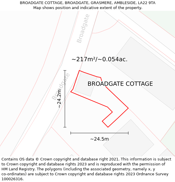 BROADGATE COTTAGE, BROADGATE, GRASMERE, AMBLESIDE, LA22 9TA: Plot and title map