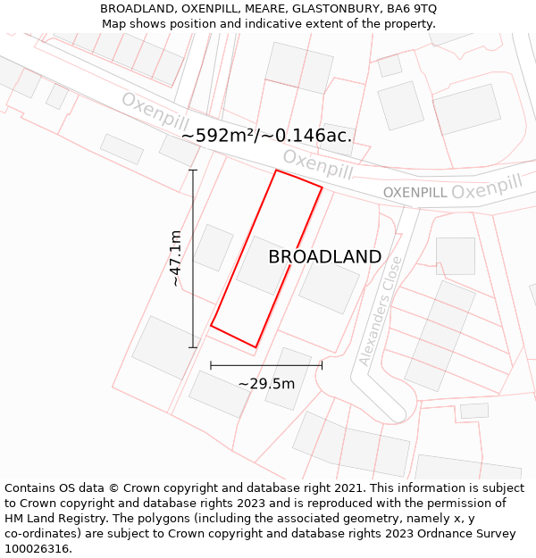 BROADLAND, OXENPILL, MEARE, GLASTONBURY, BA6 9TQ: Plot and title map