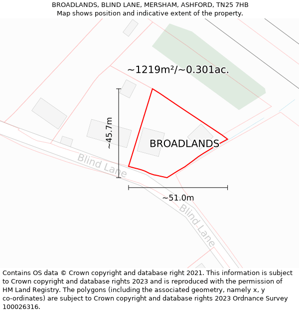 BROADLANDS, BLIND LANE, MERSHAM, ASHFORD, TN25 7HB: Plot and title map