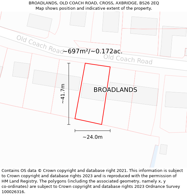 BROADLANDS, OLD COACH ROAD, CROSS, AXBRIDGE, BS26 2EQ: Plot and title map