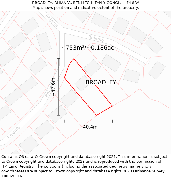 BROADLEY, RHIANFA, BENLLECH, TYN-Y-GONGL, LL74 8RA: Plot and title map