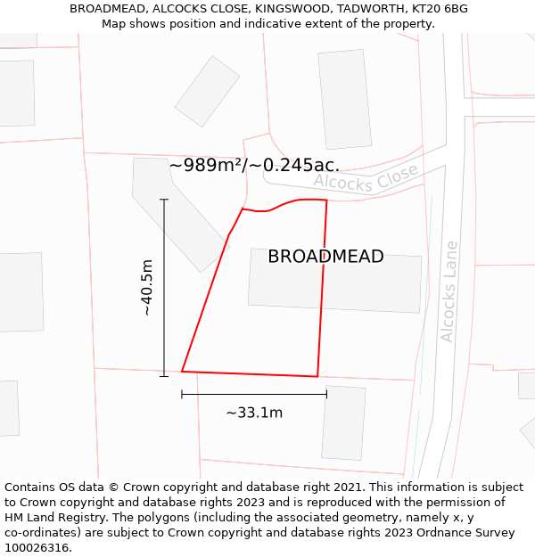 BROADMEAD, ALCOCKS CLOSE, KINGSWOOD, TADWORTH, KT20 6BG: Plot and title map