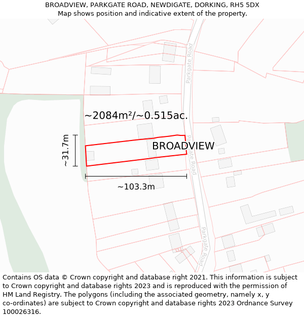 BROADVIEW, PARKGATE ROAD, NEWDIGATE, DORKING, RH5 5DX: Plot and title map