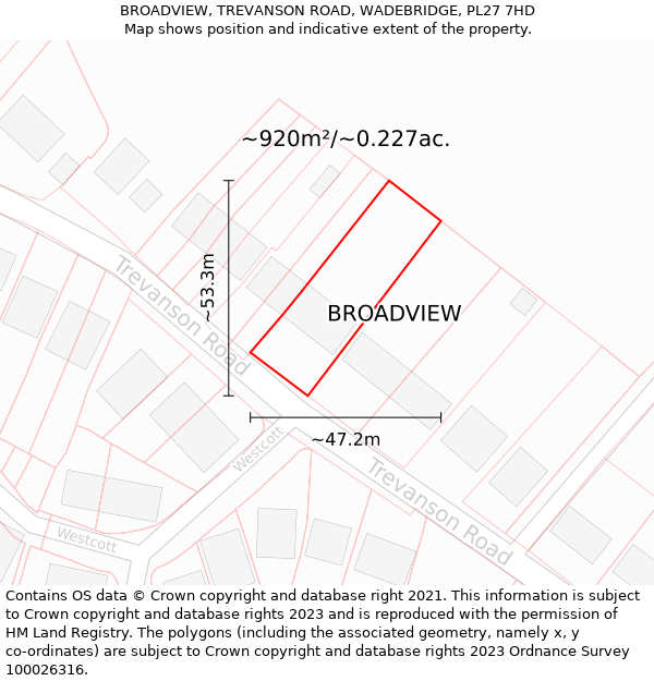 BROADVIEW, TREVANSON ROAD, WADEBRIDGE, PL27 7HD: Plot and title map