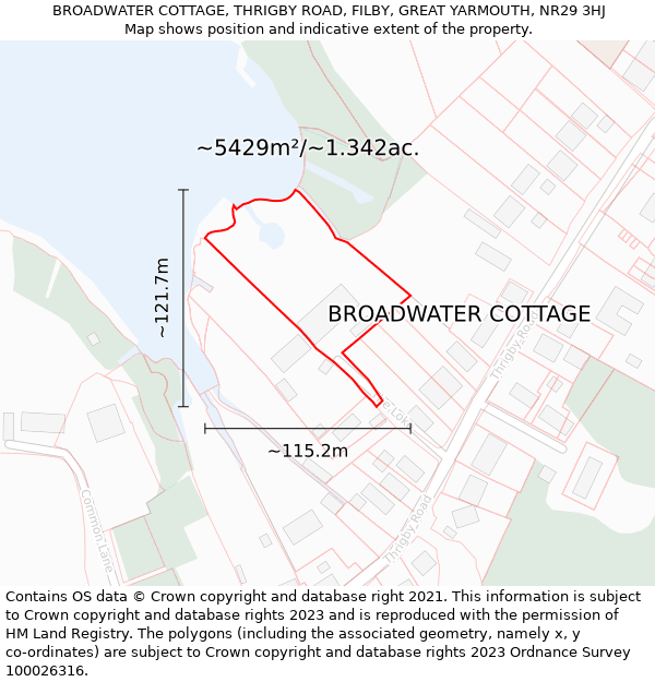 BROADWATER COTTAGE, THRIGBY ROAD, FILBY, GREAT YARMOUTH, NR29 3HJ: Plot and title map