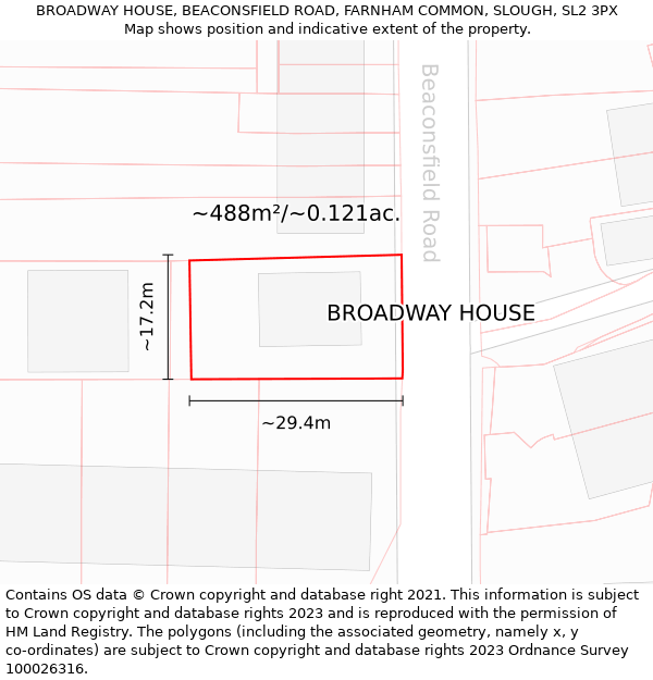 BROADWAY HOUSE, BEACONSFIELD ROAD, FARNHAM COMMON, SLOUGH, SL2 3PX: Plot and title map