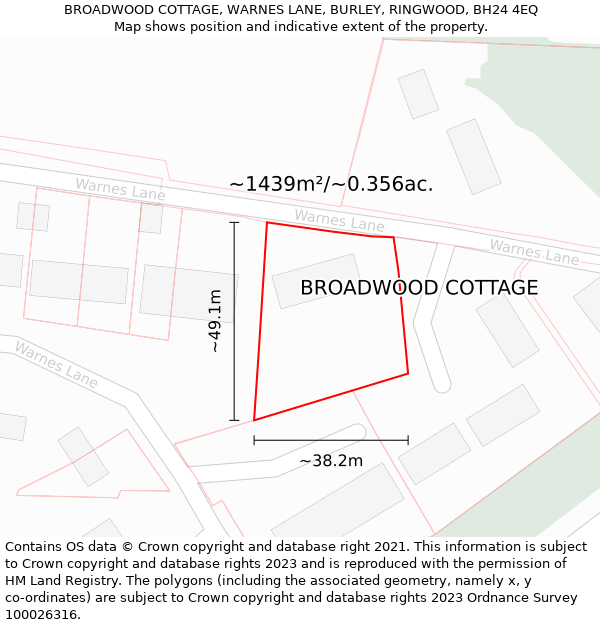 BROADWOOD COTTAGE, WARNES LANE, BURLEY, RINGWOOD, BH24 4EQ: Plot and title map