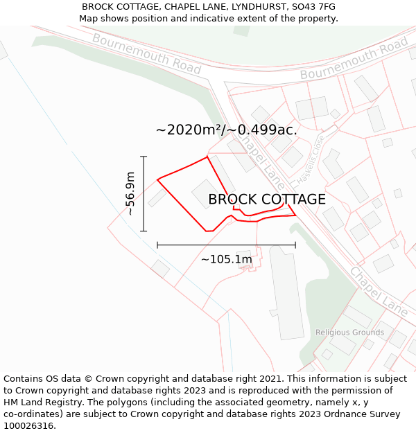 BROCK COTTAGE, CHAPEL LANE, LYNDHURST, SO43 7FG: Plot and title map