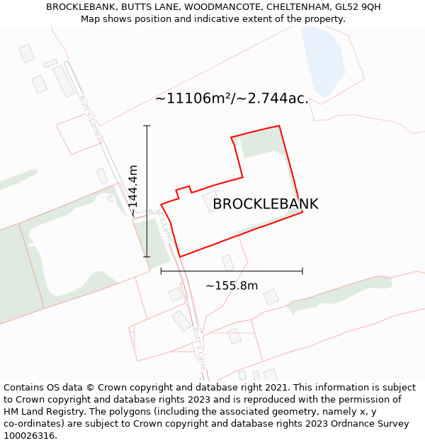 BROCKLEBANK, BUTTS LANE, WOODMANCOTE, CHELTENHAM, GL52 9QH: Plot and title map