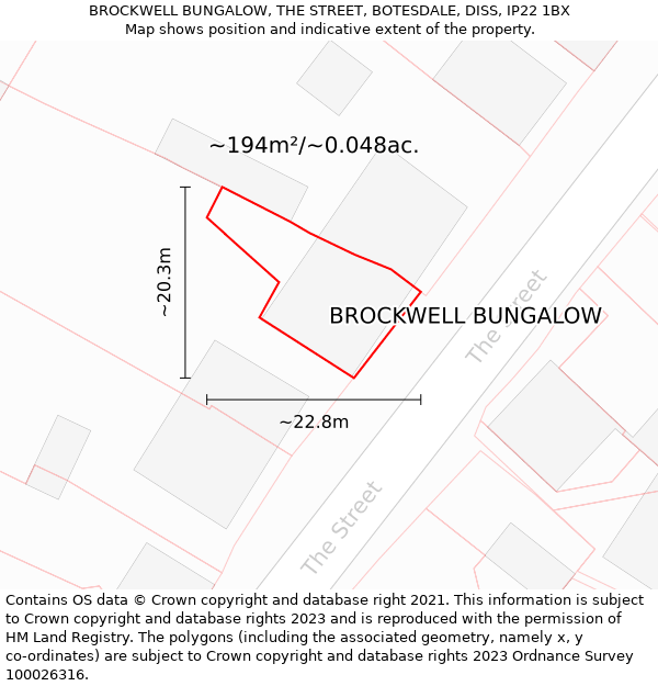 BROCKWELL BUNGALOW, THE STREET, BOTESDALE, DISS, IP22 1BX: Plot and title map