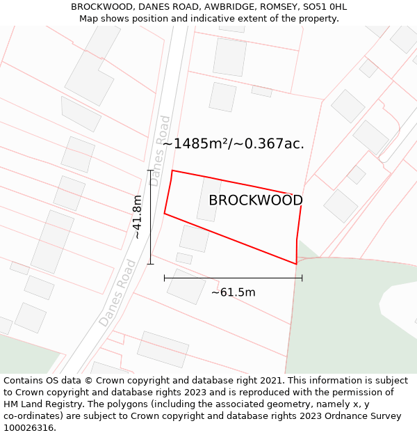 BROCKWOOD, DANES ROAD, AWBRIDGE, ROMSEY, SO51 0HL: Plot and title map
