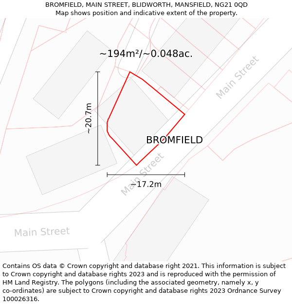 BROMFIELD, MAIN STREET, BLIDWORTH, MANSFIELD, NG21 0QD: Plot and title map