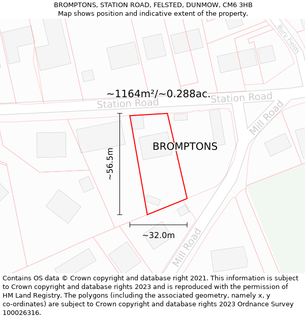 BROMPTONS, STATION ROAD, FELSTED, DUNMOW, CM6 3HB: Plot and title map