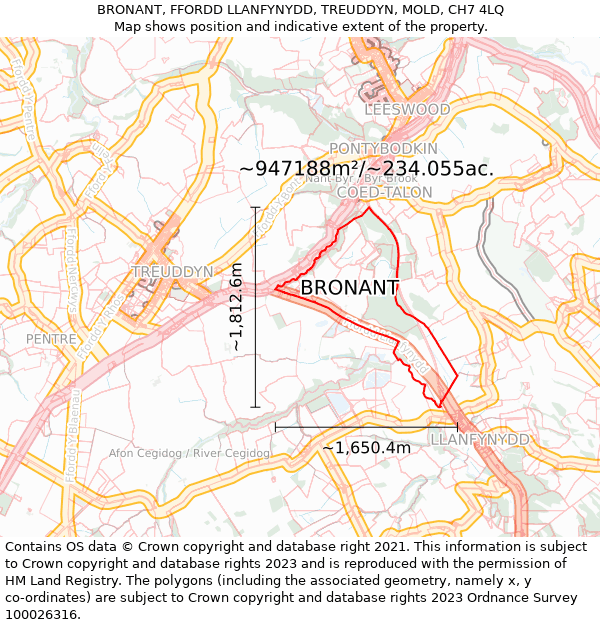 BRONANT, FFORDD LLANFYNYDD, TREUDDYN, MOLD, CH7 4LQ: Plot and title map