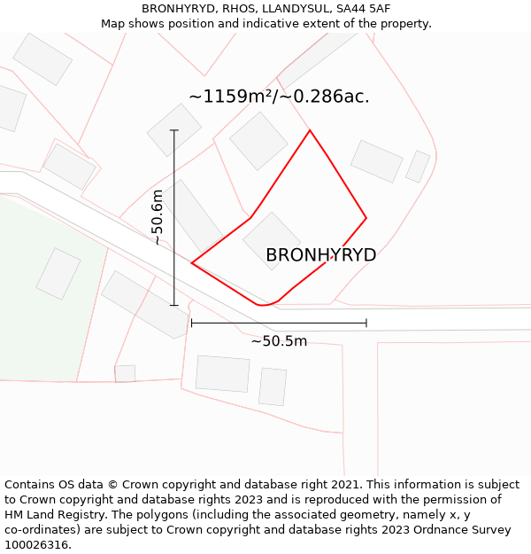 BRONHYRYD, RHOS, LLANDYSUL, SA44 5AF: Plot and title map