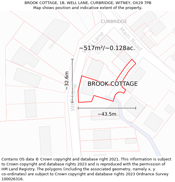 BROOK COTTAGE, 1B, WELL LANE, CURBRIDGE, WITNEY, OX29 7PB: Plot and title map