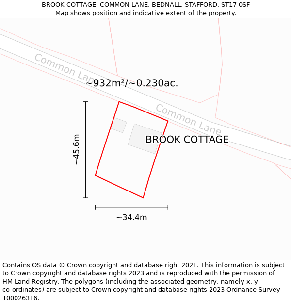 BROOK COTTAGE, COMMON LANE, BEDNALL, STAFFORD, ST17 0SF: Plot and title map