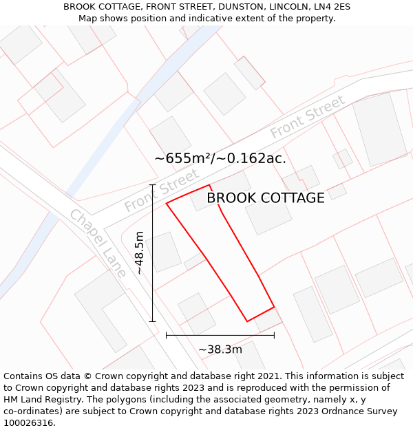 BROOK COTTAGE, FRONT STREET, DUNSTON, LINCOLN, LN4 2ES: Plot and title map