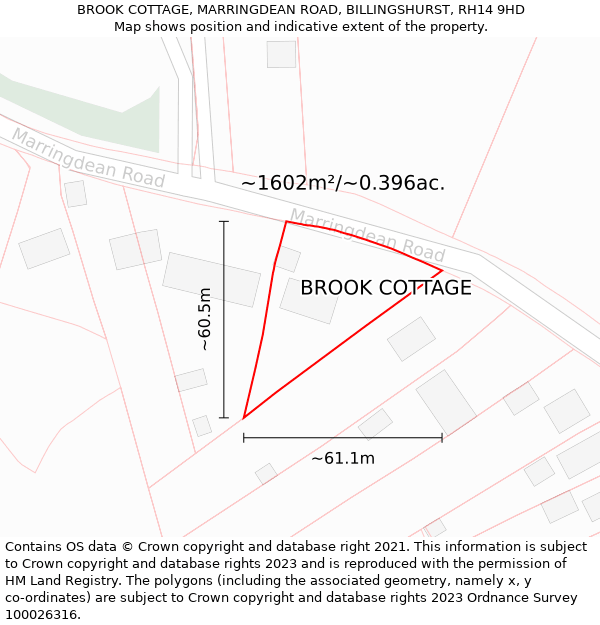 BROOK COTTAGE, MARRINGDEAN ROAD, BILLINGSHURST, RH14 9HD: Plot and title map