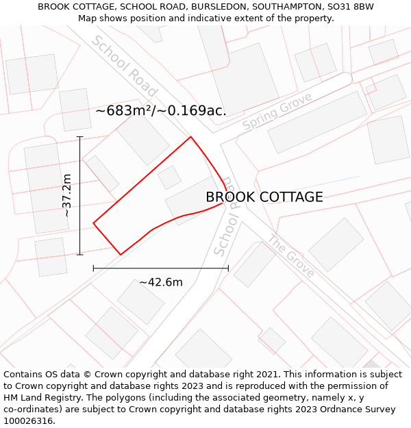 BROOK COTTAGE, SCHOOL ROAD, BURSLEDON, SOUTHAMPTON, SO31 8BW: Plot and title map