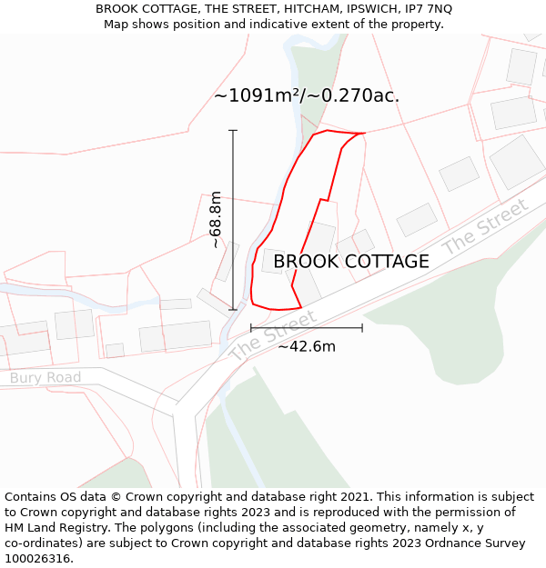 BROOK COTTAGE, THE STREET, HITCHAM, IPSWICH, IP7 7NQ: Plot and title map