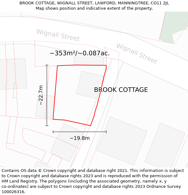BROOK COTTAGE, WIGNALL STREET, LAWFORD, MANNINGTREE, CO11 2JL: Plot and title map