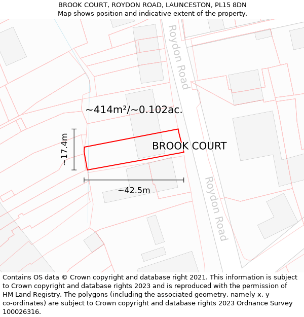 BROOK COURT, ROYDON ROAD, LAUNCESTON, PL15 8DN: Plot and title map