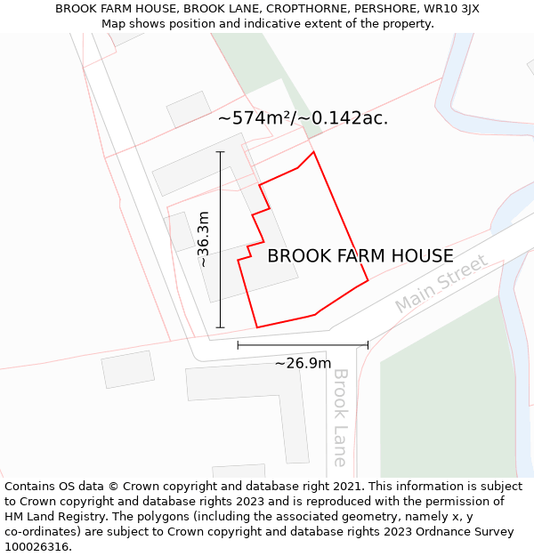 BROOK FARM HOUSE, BROOK LANE, CROPTHORNE, PERSHORE, WR10 3JX: Plot and title map