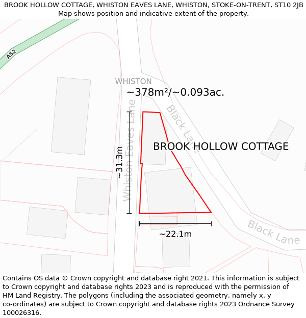 BROOK HOLLOW COTTAGE, WHISTON EAVES LANE, WHISTON, STOKE-ON-TRENT, ST10 2JB: Plot and title map