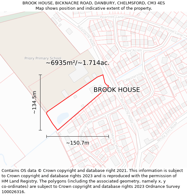 BROOK HOUSE, BICKNACRE ROAD, DANBURY, CHELMSFORD, CM3 4ES: Plot and title map