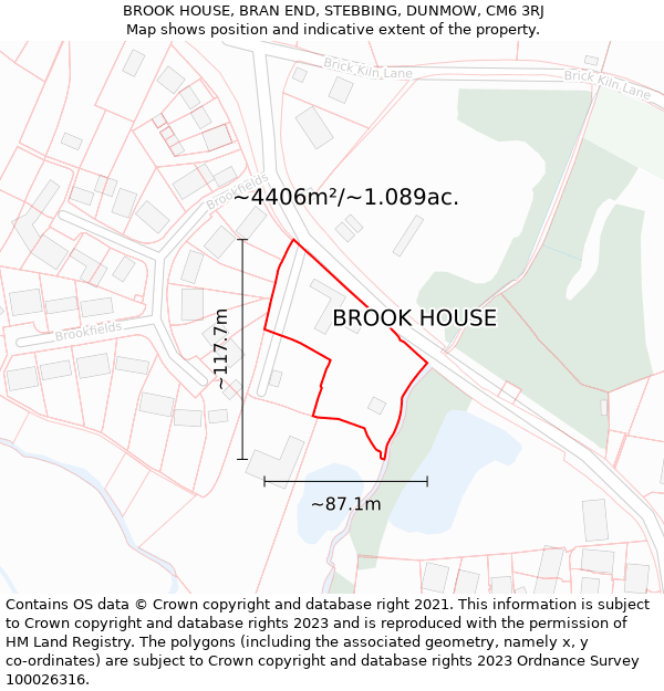 BROOK HOUSE, BRAN END, STEBBING, DUNMOW, CM6 3RJ: Plot and title map