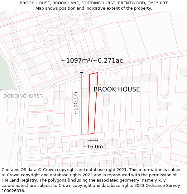 BROOK HOUSE, BROOK LANE, DODDINGHURST, BRENTWOOD, CM15 0RT: Plot and title map