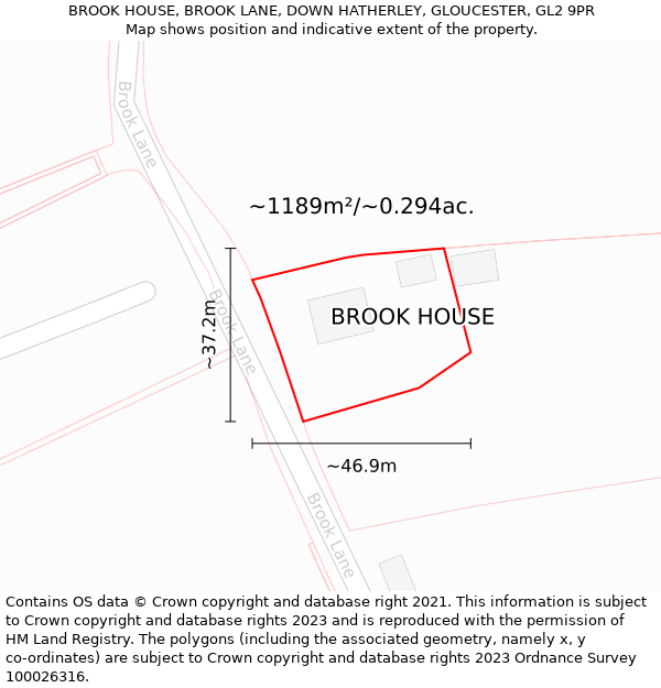 BROOK HOUSE, BROOK LANE, DOWN HATHERLEY, GLOUCESTER, GL2 9PR: Plot and title map