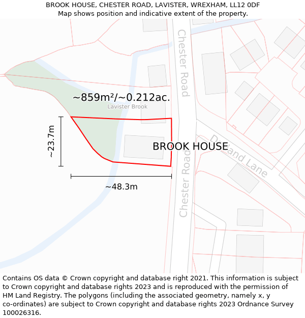 BROOK HOUSE, CHESTER ROAD, LAVISTER, WREXHAM, LL12 0DF: Plot and title map