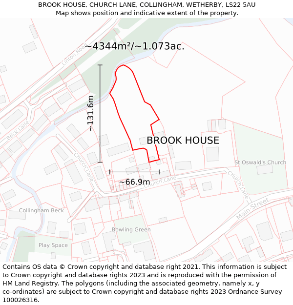 BROOK HOUSE, CHURCH LANE, COLLINGHAM, WETHERBY, LS22 5AU: Plot and title map