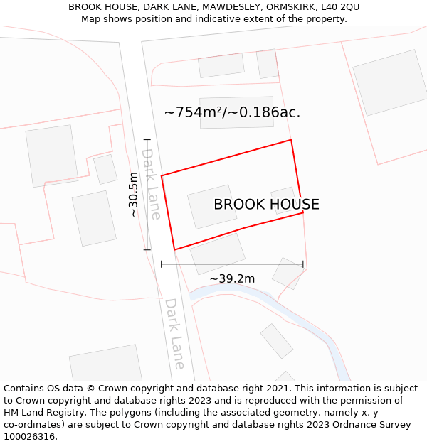 BROOK HOUSE, DARK LANE, MAWDESLEY, ORMSKIRK, L40 2QU: Plot and title map