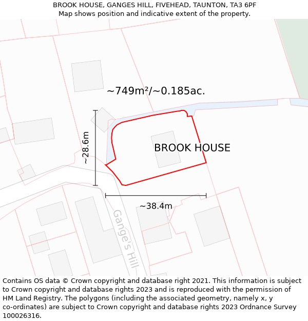 BROOK HOUSE, GANGES HILL, FIVEHEAD, TAUNTON, TA3 6PF: Plot and title map